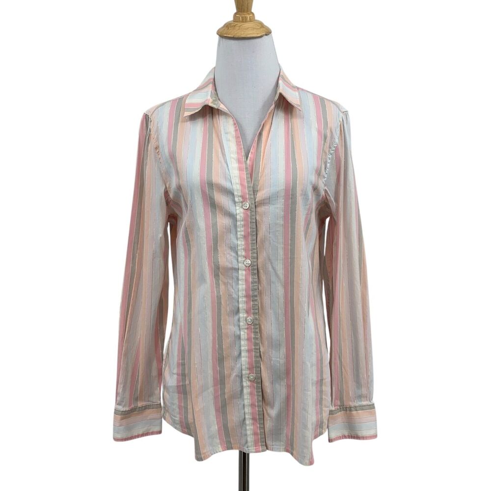 Tommy Bahama Shirt Womens S Small Pastel Gold Metallic Stripes Button Front Top